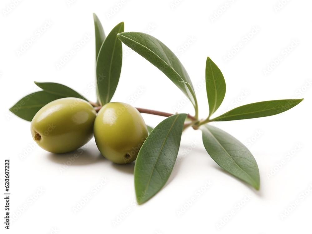 green olives with leaves isolated on white background