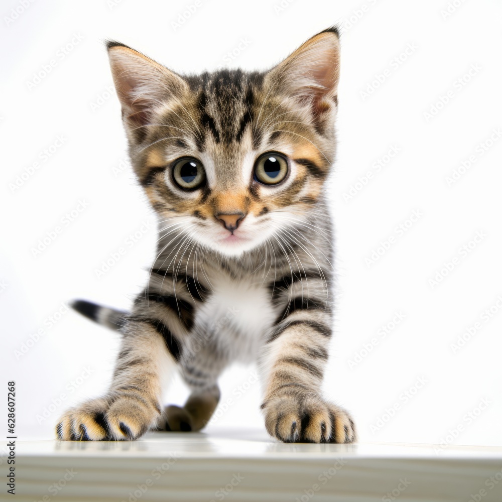 a small tabby kitten is standing on top of a table a small tabby kitten is standing on top of a table