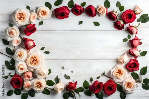 Romantic Rose composition with loosely arranged rose frame on a rustic white wooden background, top view, flat lay, Generative AI