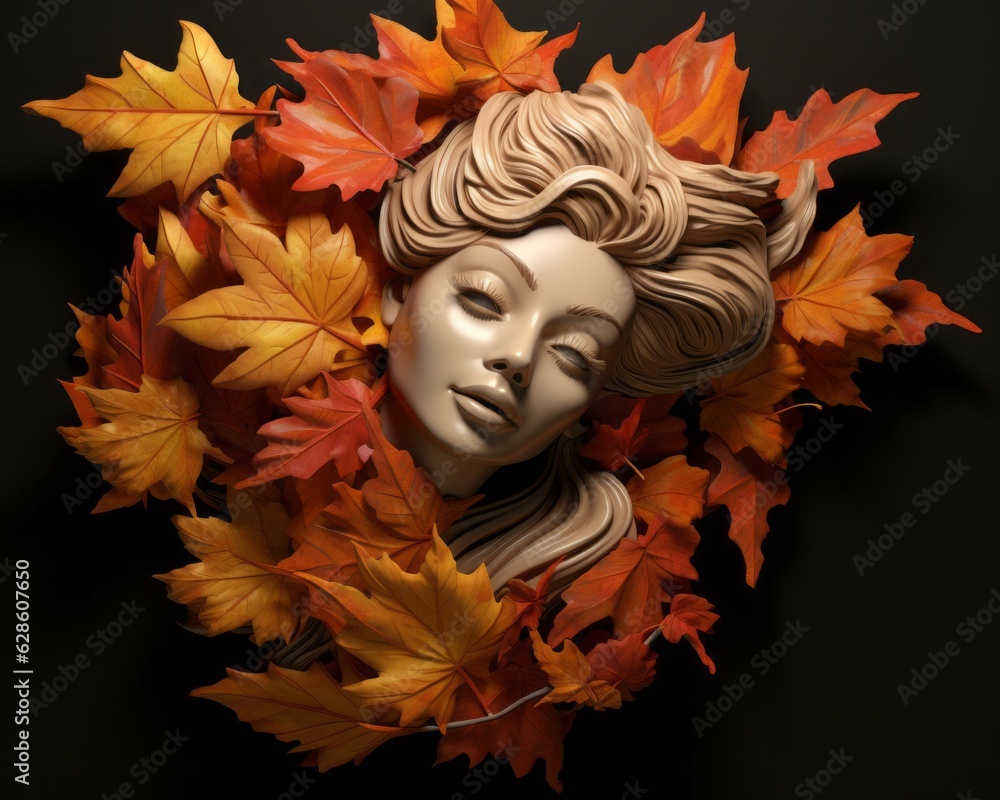a statue of a woman surrounded by autumn leaves