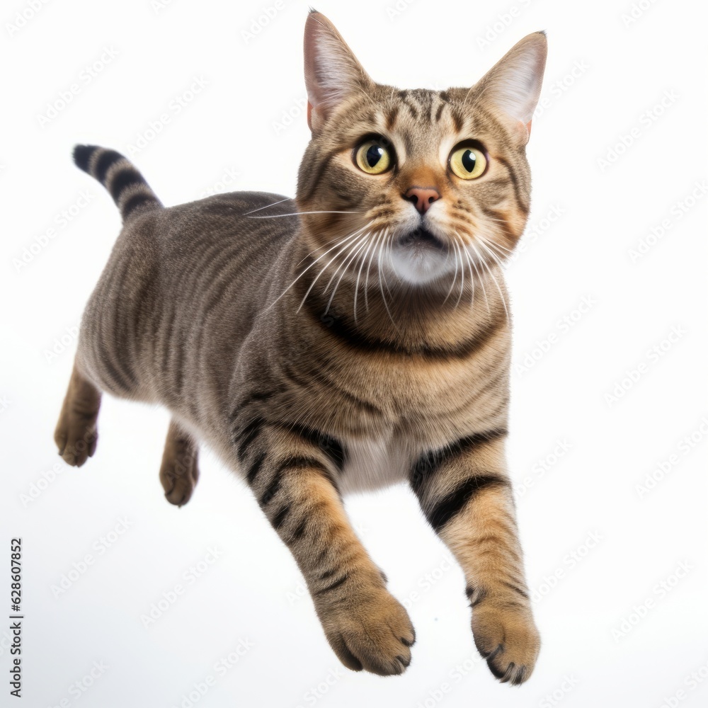 a striped cat is flying in the air on a white background