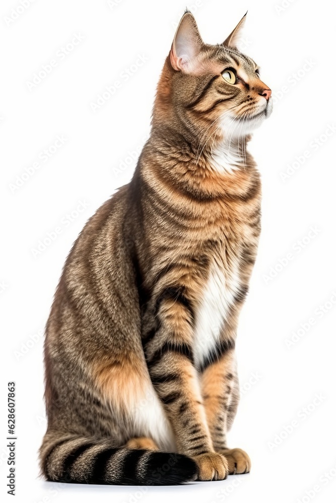 Fototapeta premium a striped cat is sitting on a white background