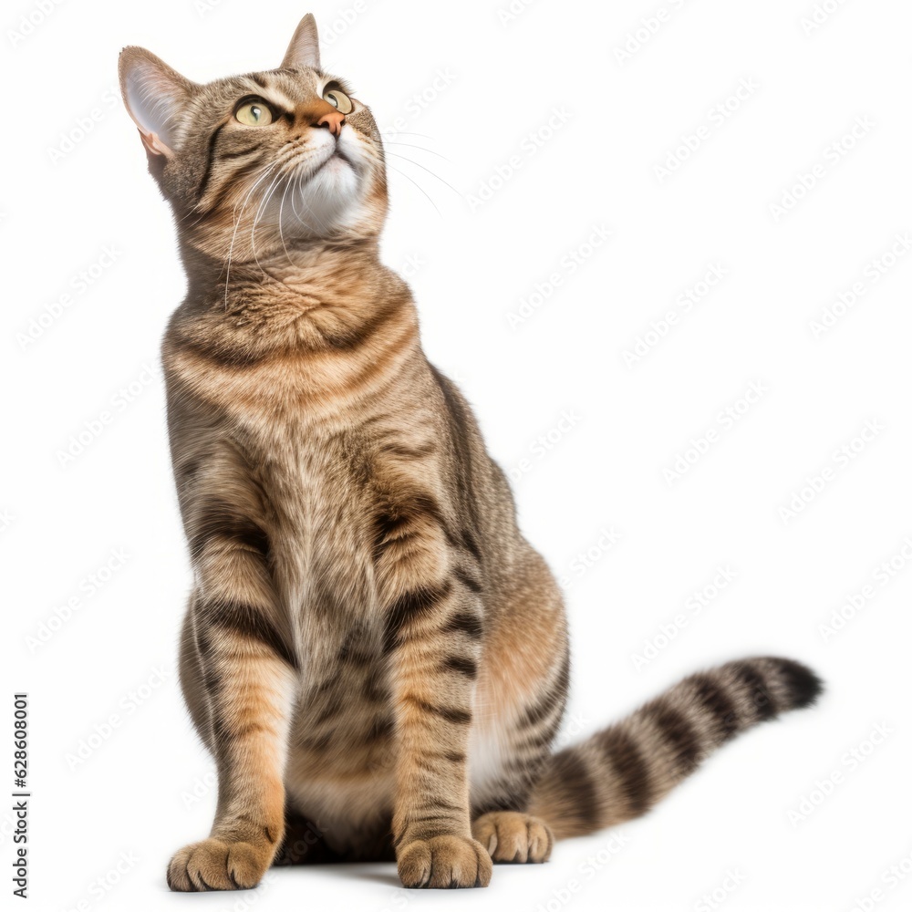 Obraz premium a striped tabby cat is looking up at something on a white background