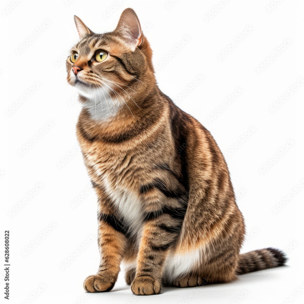 Fototapeta premium a striped tabby cat sitting down on a white background