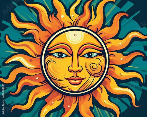 a sun with a face and eyes on a blue background