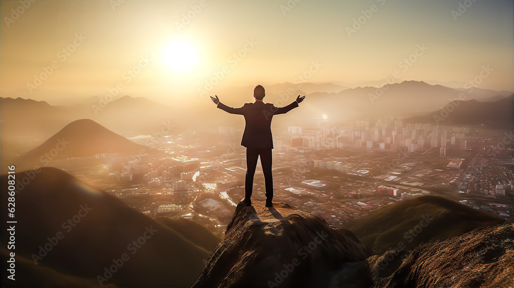 Fototapeta premium Successful businessman stays on top of mountain and looking down to City and sunrise at horizon. 