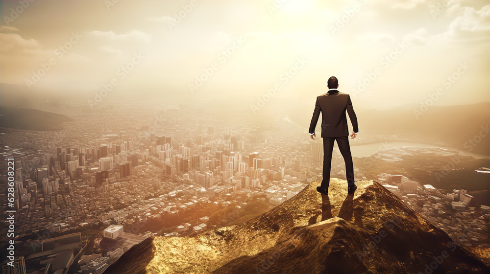 Successful businessman stays on top of mountain and looking down to City and sunrise at horizon. 