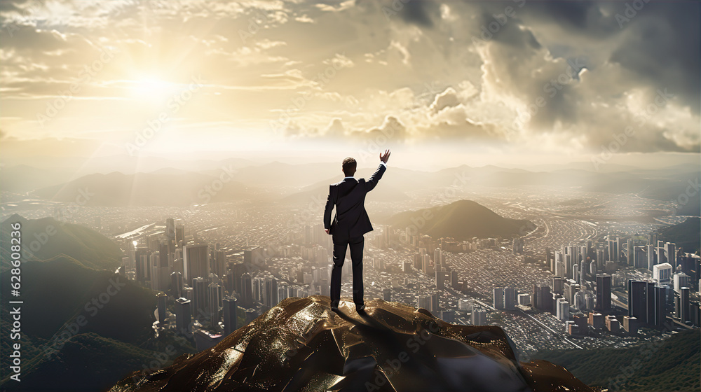 Successful businessman stays on top of mountain and looking down to City and sunrise at horizon. 