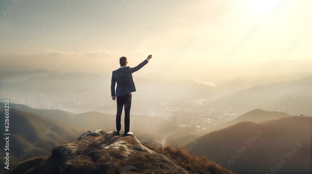 Successful businessman stays on top of mountain and looking down to City and sunrise at horizon. 