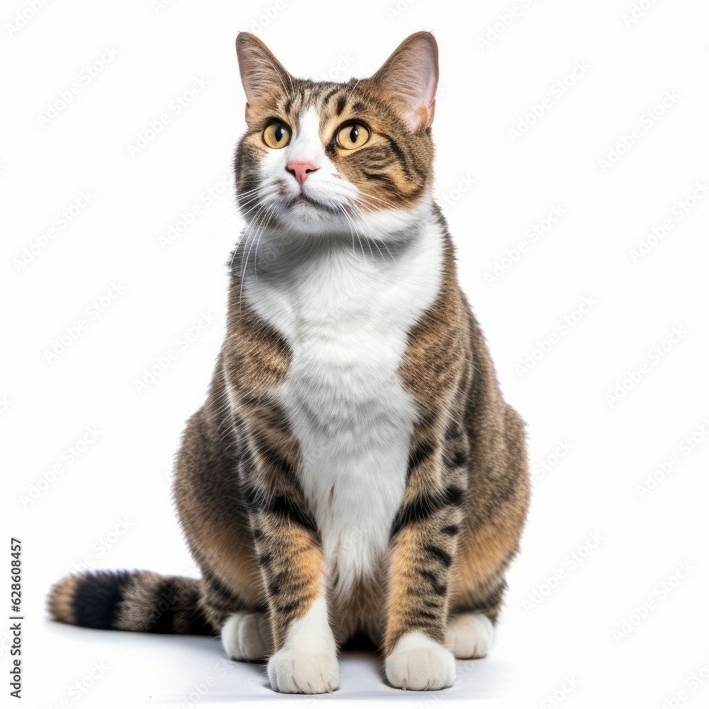 a tabby cat sitting down on a white background a tabby cat sitting down on a white background