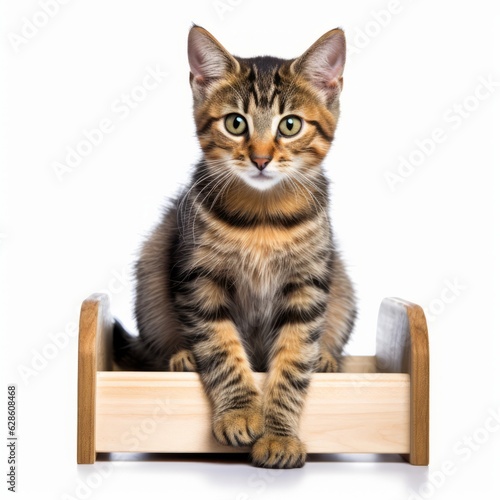 a tabby cat sitting in a wooden box on a white background