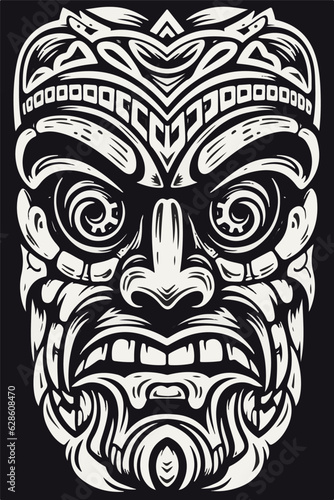 tiki face, stencil style, white color, black bacnground