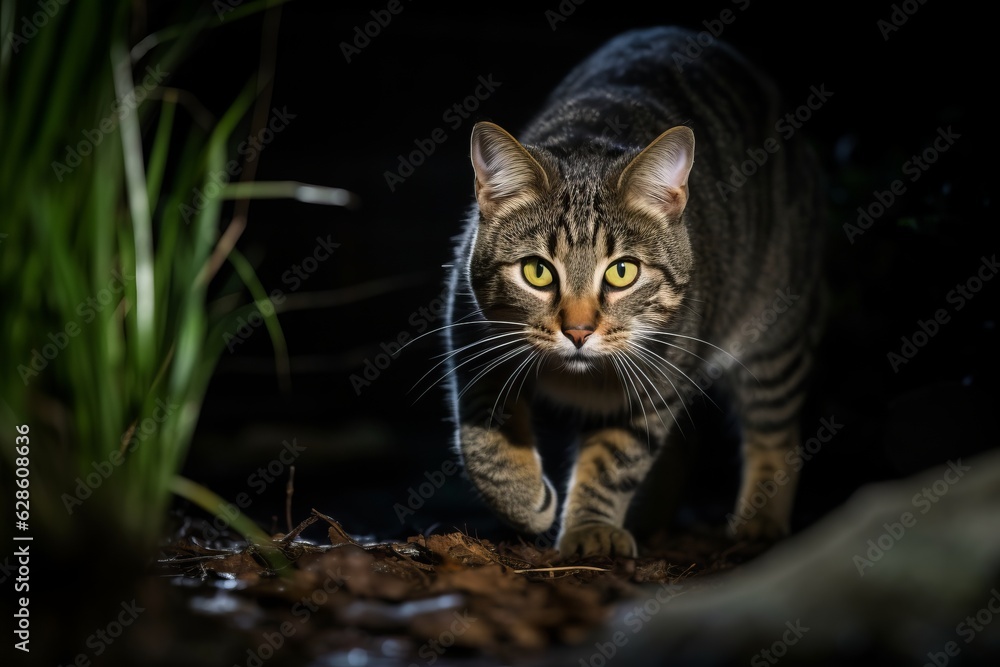 a tabby cat walking in the dark a tabby cat walking in the dark