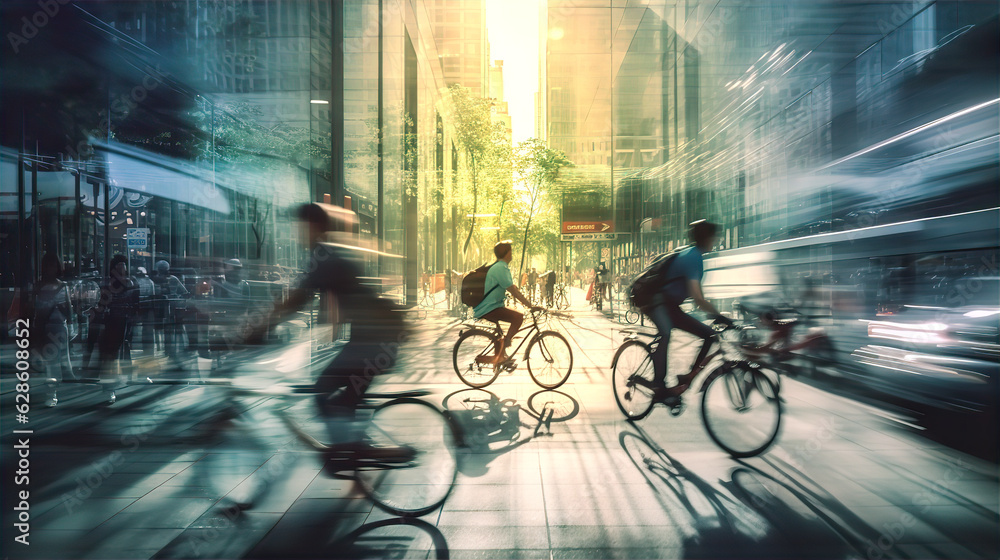 People cycling in City. Commuting, healthy life style, eco friendly transport. Multiple exposure, motion blur image - obrazy, fototapety, plakaty 