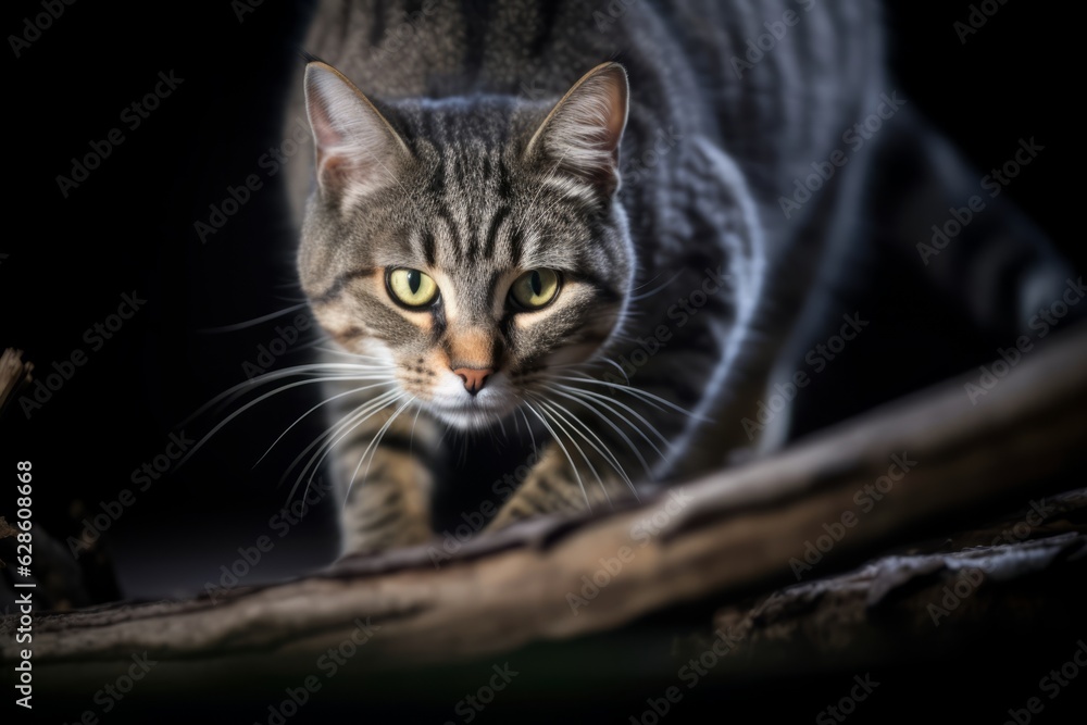 a tabby cat walking on a branch in the dark