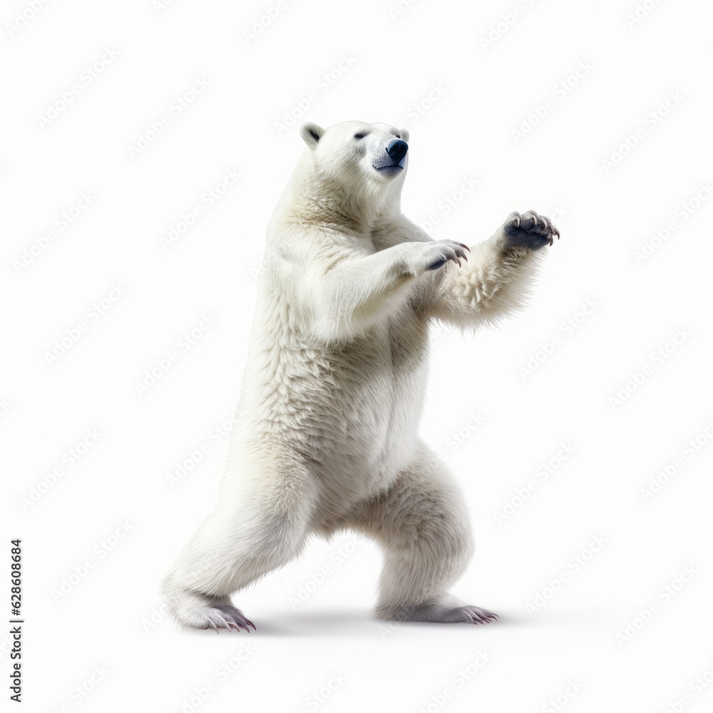 Fototapeta premium Polar bear dancing happily. White furry bear standing on hind legs. Playful arctic animal having fun, isolated on a white background