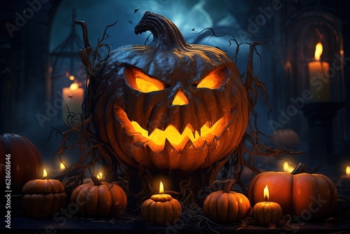 Halloween pumpkin head jack lantern with candles on dark background. Halloween concept.Generative Ai