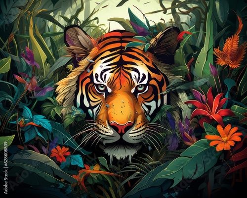 a tiger in the jungle surrounded by plants and flowers