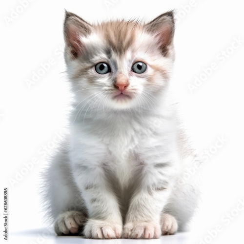 a white and brown kitten sitting in front of a white background