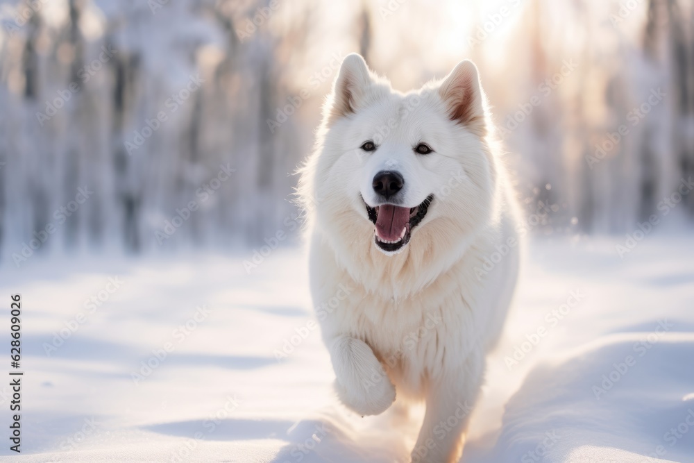 a white dog running in the snow
