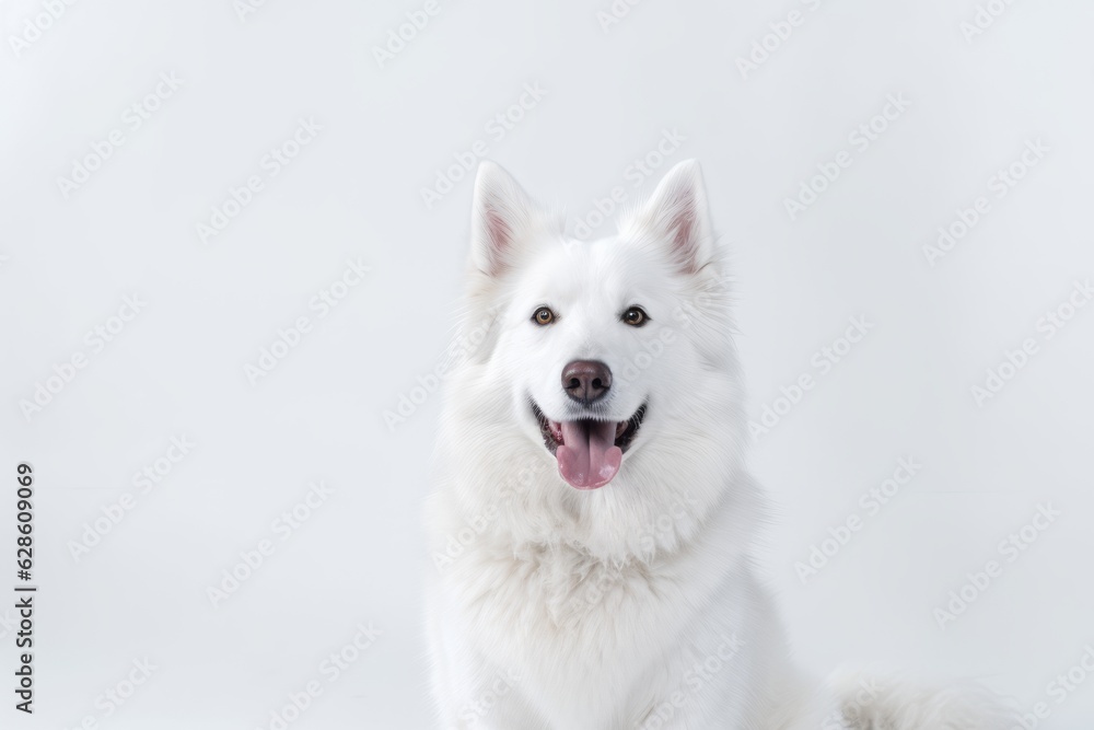 a white dog sitting on a white background