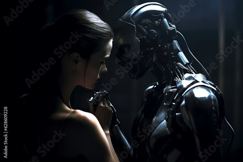a woman and a robot are looking at each other