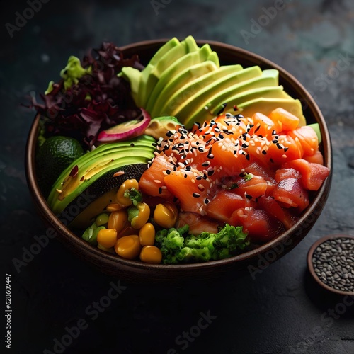 Organic poke bowl with salmon, avocado and vegetables on dark background