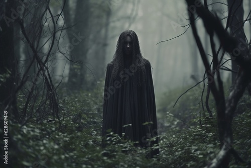 a woman in a black cloak standing in the middle of a dark forest