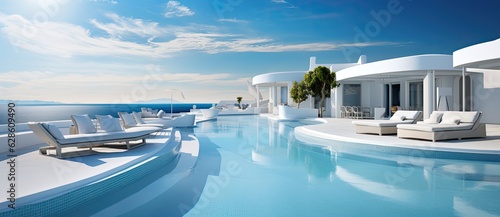 Beach Spa resort with blue sky and white interior design