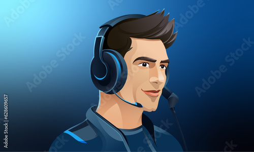 handsome customer service isolated Avatar with haircut wearing Headphones, Tele sales, Telecommunication,  Blue clothes, Vector Eps File