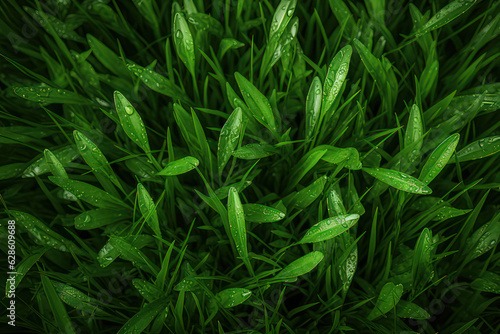 Background, texture, green grass close-up and water drops. Background for the site, application. AI generative.