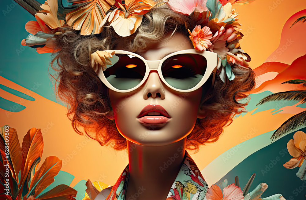 Retro style pastel colors summer background. Fashion woman wearing big sunglasses. Generative AI