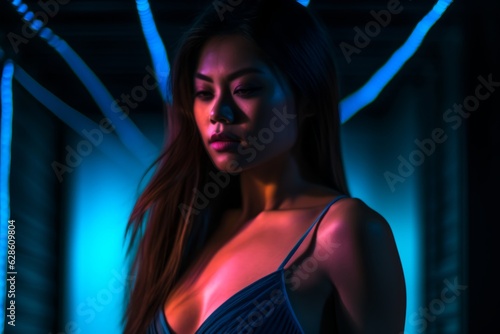 a woman in a blue dress standing in front of neon lights