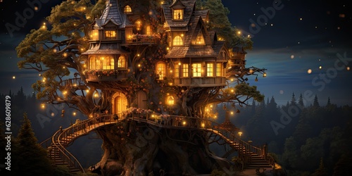 Fantasy tree house with lights.  © Photo And Art Panda