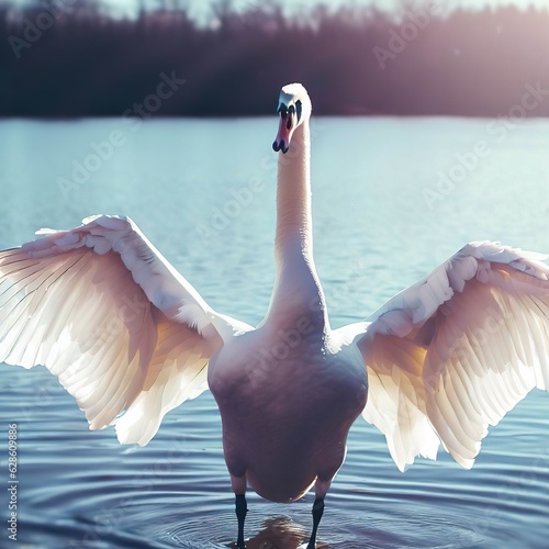 Swan standing in the lake wings spread in a winter sunny day