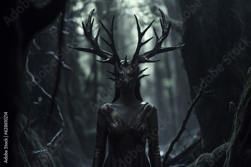 a woman in a forest with deer horns on her head