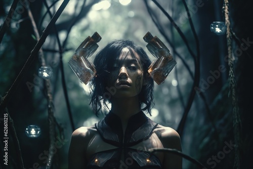 a woman in a forest with glowing objects on her head