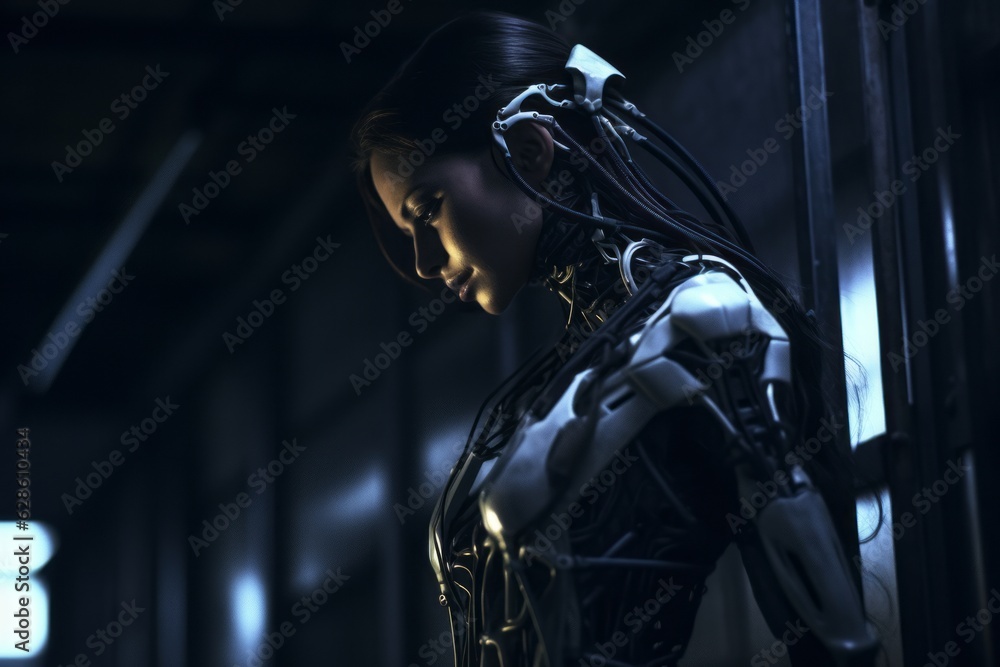 Naklejka premium a woman in a futuristic suit standing in a dark room