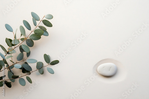 Serenity- Eucalyptus Branch and a Pebble Rock on Sand for Background Template with Empty Space for Copy or Product