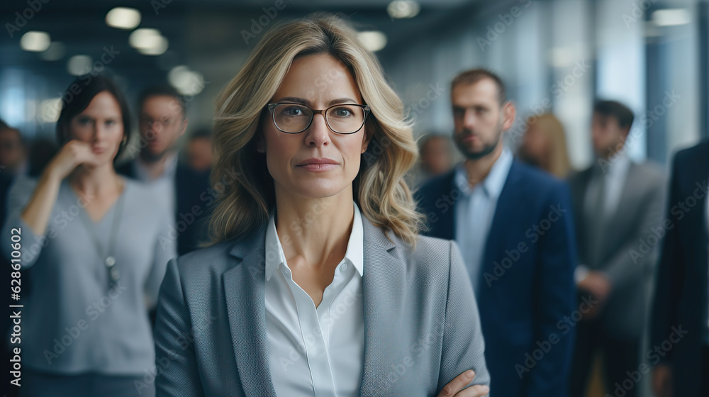 middle age of working woman and team serious mood, modern office tower view. middle age of working woman and team serious mood, modern office tower view.