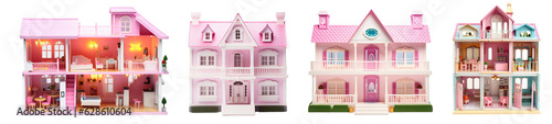 collection of pink wooden dollhouse toy on transparent background photo