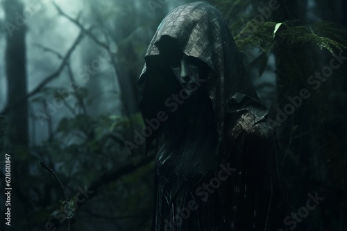 a woman in a hooded robe stands in the middle of a dark forest
