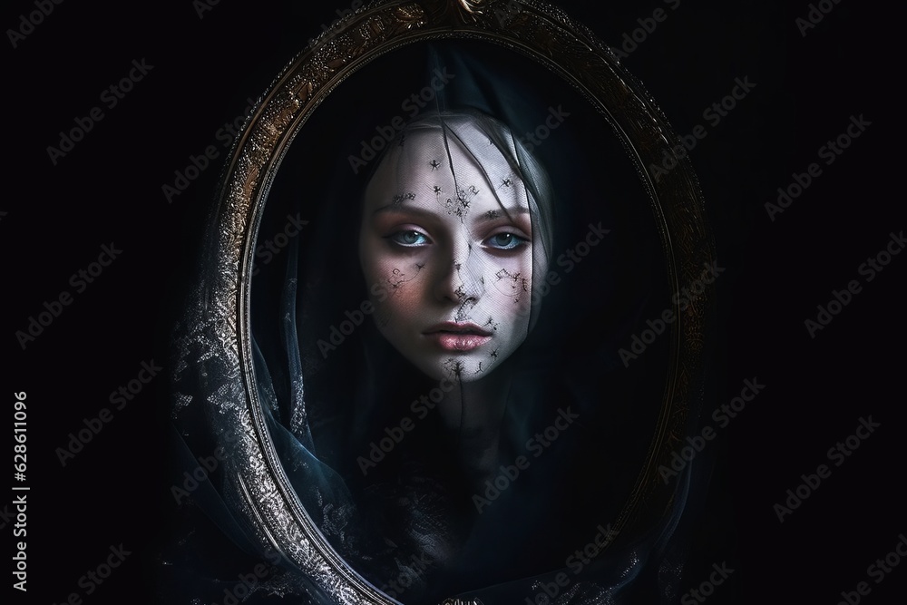 a woman in a mirror with dark makeup on her face