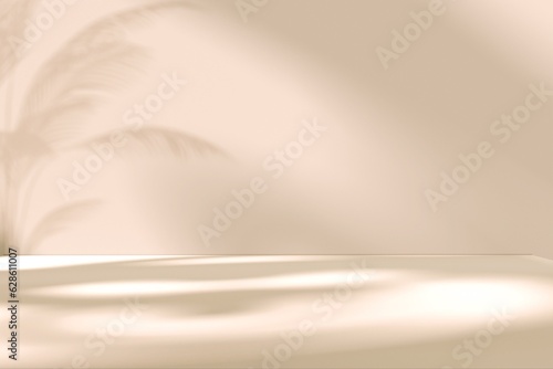 Minimalistic abstract interior gentle light beige background for products presentation with light and shadow, chiaroscuro and fern reflections