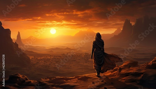 Islamic woman walking in the desert at sunset