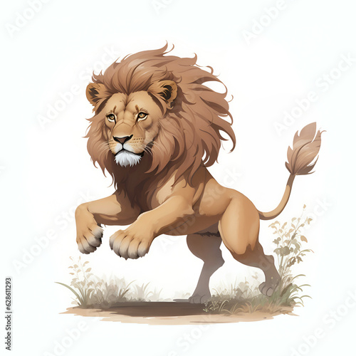 Lion jumping in cartoon style. Cute Little Cartoon lion hunting isolated on white background. Watercolor drawing, hand-drawn lion jumping in watercolor. For children's books, for cards, 