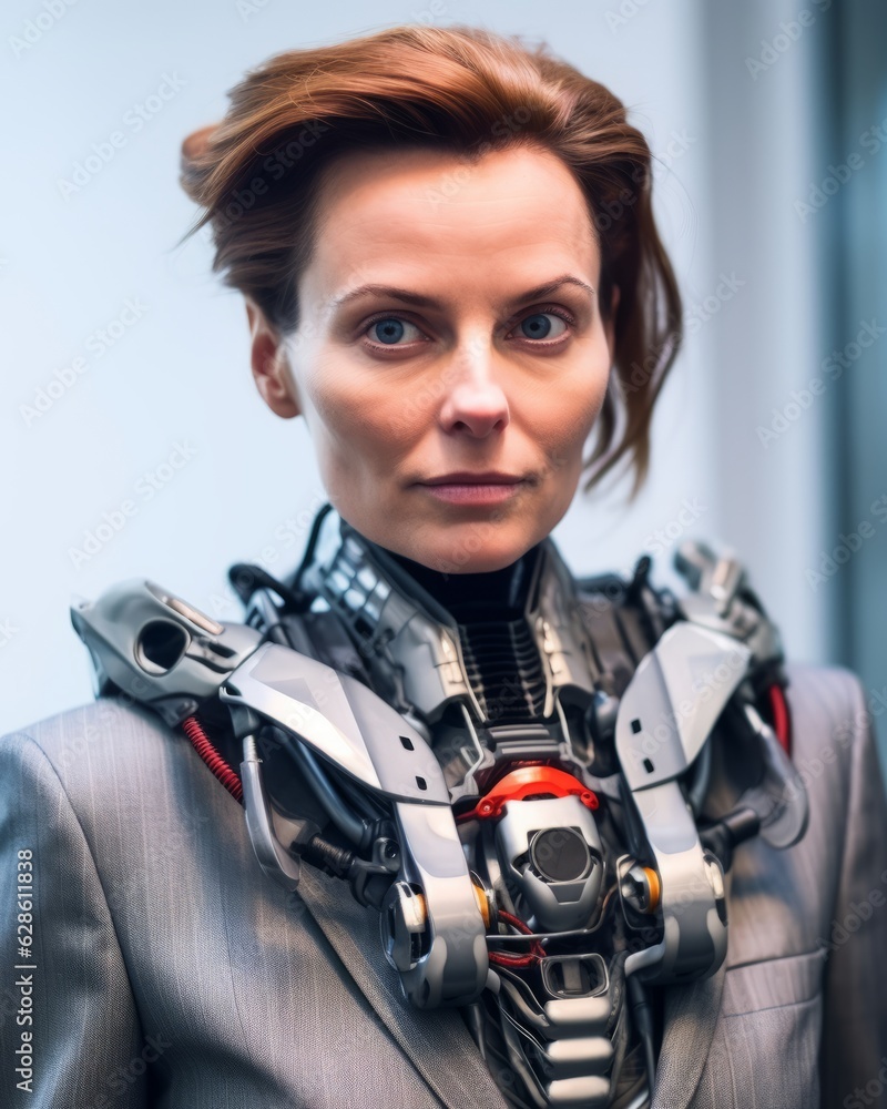 a woman in a suit with a robot on her chest