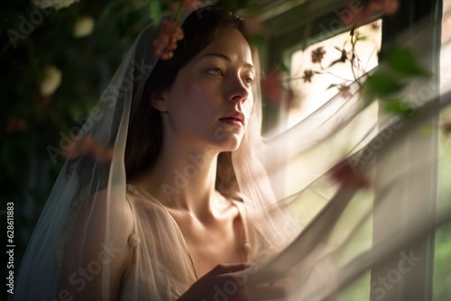 a woman in a wedding dress looking out the window