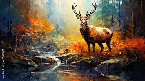 Fotografiet Oil painting abstract  stag with big antlers.