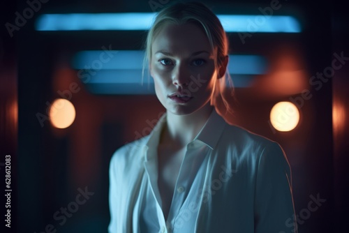 a woman in a white shirt standing in a dark room